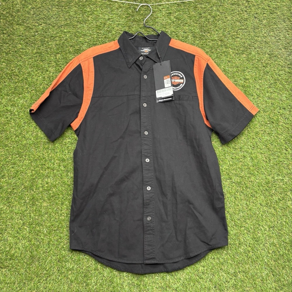 Harley Davidson Mechanic Shirt Mens Medium Black Orange Button-Up Short Sleeve
